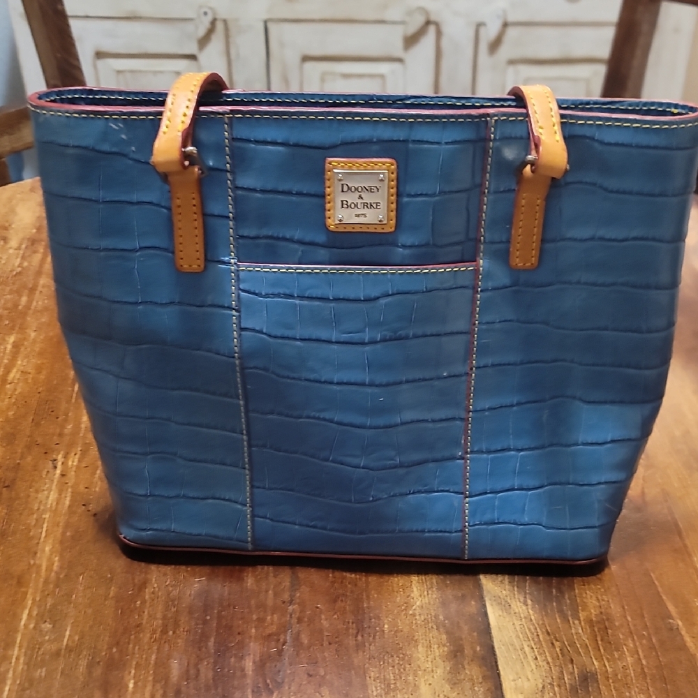 Dooney & Bourke Blue Croc-Embossed Tote with Tan Handles and Trim